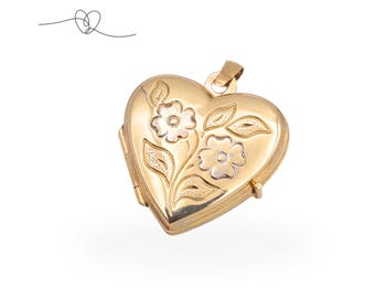Vintage 9ct Gold Heart Photo Locket Pendant, Floral Engraved Locket, Hallmarked Gold Pendant,  Romantic Gift Jewellery