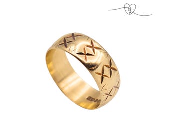 9ct Gold Engraved Wedding Band, Wide Domed Ring, 6mm Patterned Gold Band, UK M 1/2 US 6.5, S&W London