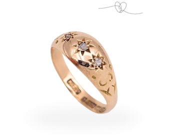 Antique Rose Gold Diamond Gypsy Ring, 3 Diamond Star Set Ring, Engraved Band, Fully Hallmarked, Size UK M US 6 1/4