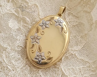 Large 9ct Gold Oval Photo Locket, Floral Engraved Locket Pendant, Two Tone Flower Locket, Keepsake Jewellery, Gift for Her