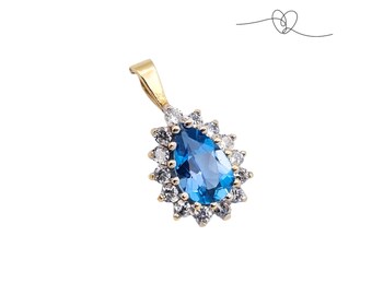 9ct Gold Blue Topaz Pendant, Teardrop Topaz & CZ Cluster Pendant, Blue Gemstone Necklace Charm, December Birthstone Gift