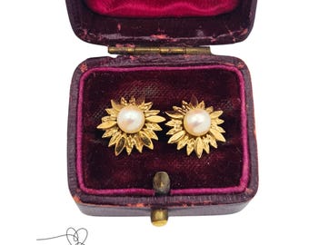 9ct Gold Pearl Starburst Stud Earrings Floral Cluster 1.1cm Fully Hallmarked Vintage