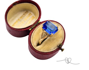9ct Gold Blue Stone Ring, Large Rectangular Blue Gemstone Statement Ring, Cocktail Ring, UK M US 6 1/4, Gift for Her