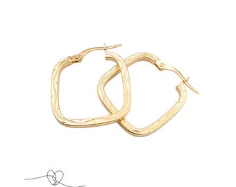 9ct Gold Square Hoop Earrings, Engraved Gold Hoops, 2cm Geometric Earrings, Lightweight Gold Earrings, Gift for Her