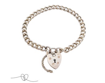 Vintage Silver Charm Bracelet 7 inches, Heart Padlock, Curb Link Chain, Safety Chain, Birmingham Hallmark 1975