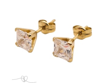 9ct Gold Square CZ Stud Earrings, 0.86g,  Hallmarked 375 Butterfly Backs, Gold Earring Gift, Statement Earrings Gold