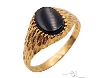 9ct Gold Onyx Signet Ring, Size UK M 1/2 / US 6.5, Vintage Pinky Ring,  AJ London 1981, Large Gold Ring, British Gold Ring
