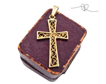 9ct Gold Cross Pendant, Filigree Cross, Openwork Gold Pendant, Religious Jewellery, Christian Cross Necklace Charm, Gift for Her