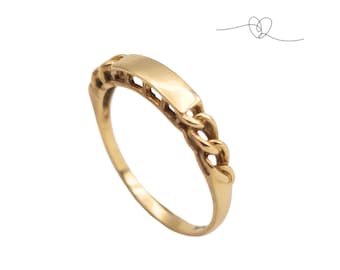 9ct Gold ID Ring, Engravable Signet Ring, Twisted Rope Detail, Plain Gold Identity Panel, UK M 1/2 US 6.5, London Hallmarked