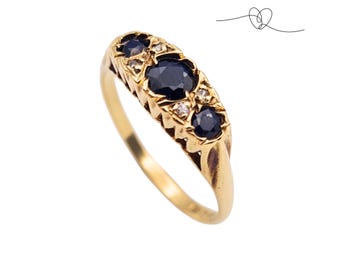 9ct Gold Sapphire & Diamond Gypsy Boat Ring, Three Sapphire Ring, Diamond Accent Ring, UK O US 7 1/4, Hallmarked Gold