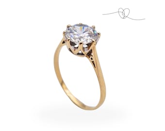 9ct Gold CZ Statement Ring, Round Brilliant Cut Solitaire Ring, Cathedral Setting, Fully Hallmarked London 1989, UK S 1/2 US 9 3/4