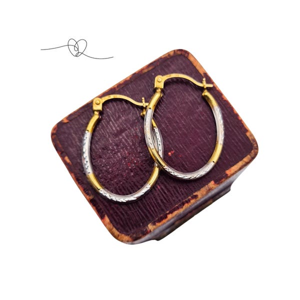 9ct Gold Two Tone Oval Hoop Earrings, Diamond Cut White Gold Detail, 375 Hallmarked, Lightweight Hoops