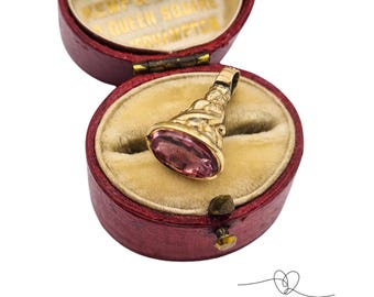 Gold Plated Pink Stone Fob Seal, Ornate Intaglio Seal Pendant, Flower Stamp Charm, Collectable Jewellery
