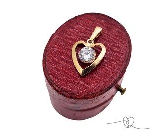 9ct Gold CZ Open Heart Pendant, Sparkling Solitaire Heart Charm, Petite Gold Love Jewellery Gift