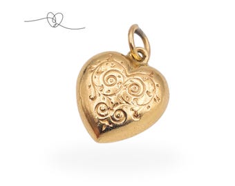 9ct Gold Engraved Puffy Heart Charm Pendant, Floral Scroll Heart Charm, Hallmarked Gold Heart Pendant, Petite Gold Charm