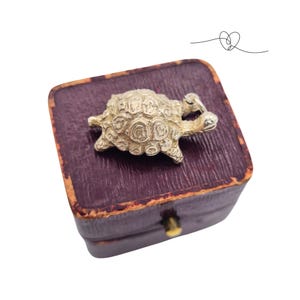 May include: A gold-coloured turtle charm sits on a vintage burgundy jewellery box. The turtle has detailed texturing on its shell and legs. The box features a gold-coloured clasp and a worn, aged appearance.
