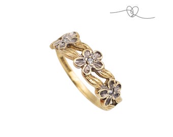 9ct Gold Flower Ring with CZ Stones, Diamond Cut Floral Ring, Hallmarked Birmingham 1991, Delicate Gold Ring, UK O, US 7 1/4