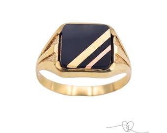 9ct Gold Onyx Signet Ring, Men's Square Black Onyx Ring, Gold & Rose Gold Detail, UK X US 11.5, Statement Ring