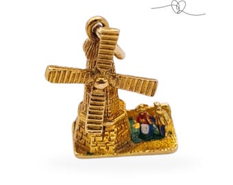 Solid 9ct Gold Windmill Charm, Full London Hallmark,  2g, Enameled Couple Detail, Collectible Moving Windmill Pendant