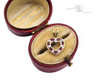 9ct Gold Open Heart Pendant, Pink & White Stone Heart Charm, Petite Love Jewellery Gift
