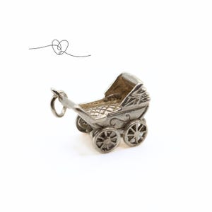 Vintage Silver Pram Charm Silver Pushchair Charm or pendant Silver Cross Pram with Moving Wheels New Mum Gift