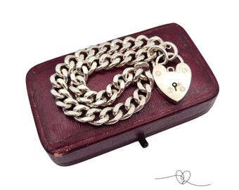 Solid Silver Curb Bracelet, WJS Birmingham 1985, 7 Inch, 22.6g, Heart Padlock Clasp, Fully Hallmarked