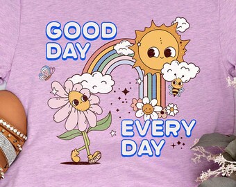 Retro Groovy Rainbow Sunshine Graphic Tee, 70s Flower Power Shirt, Kind Mental Health Positivity Gift Top