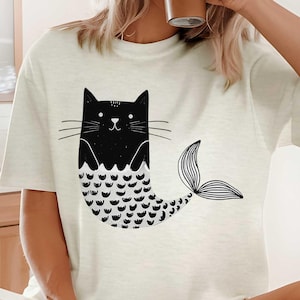 Boho Cat Mermaid T-Shirt: Vintage Feline Graphic Tee