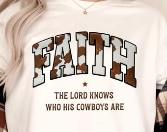 Christian Faith Cowboy Graphic Tee: Boho Hippie Cow Print T Shirt (Cow Hide Effect)