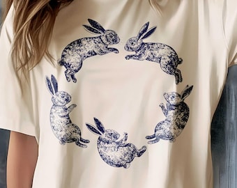 Rabbits Linocut Graphic Tee: Vintage Retro Bunny Shirt (Woodcut Stamp)