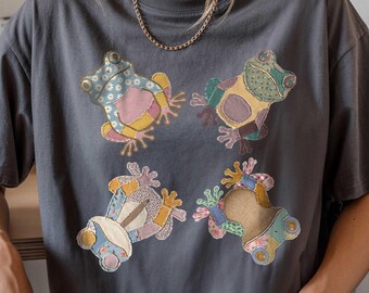 FAUX Patchwork Frog Graphic Tee: Boho Cottagecore Animal Lover Shirt