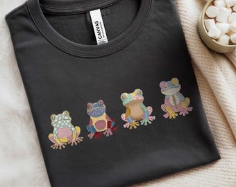 Colorful Frog FAUX Patchwork Graphic Tee: Boho Hippie Cottagecore Animal Lover Shirt