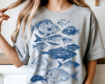 Fish Linocut Vintage 90s Graphic Tee: Retro Marine Life Fisher Shirt (Woodcut Stamp)