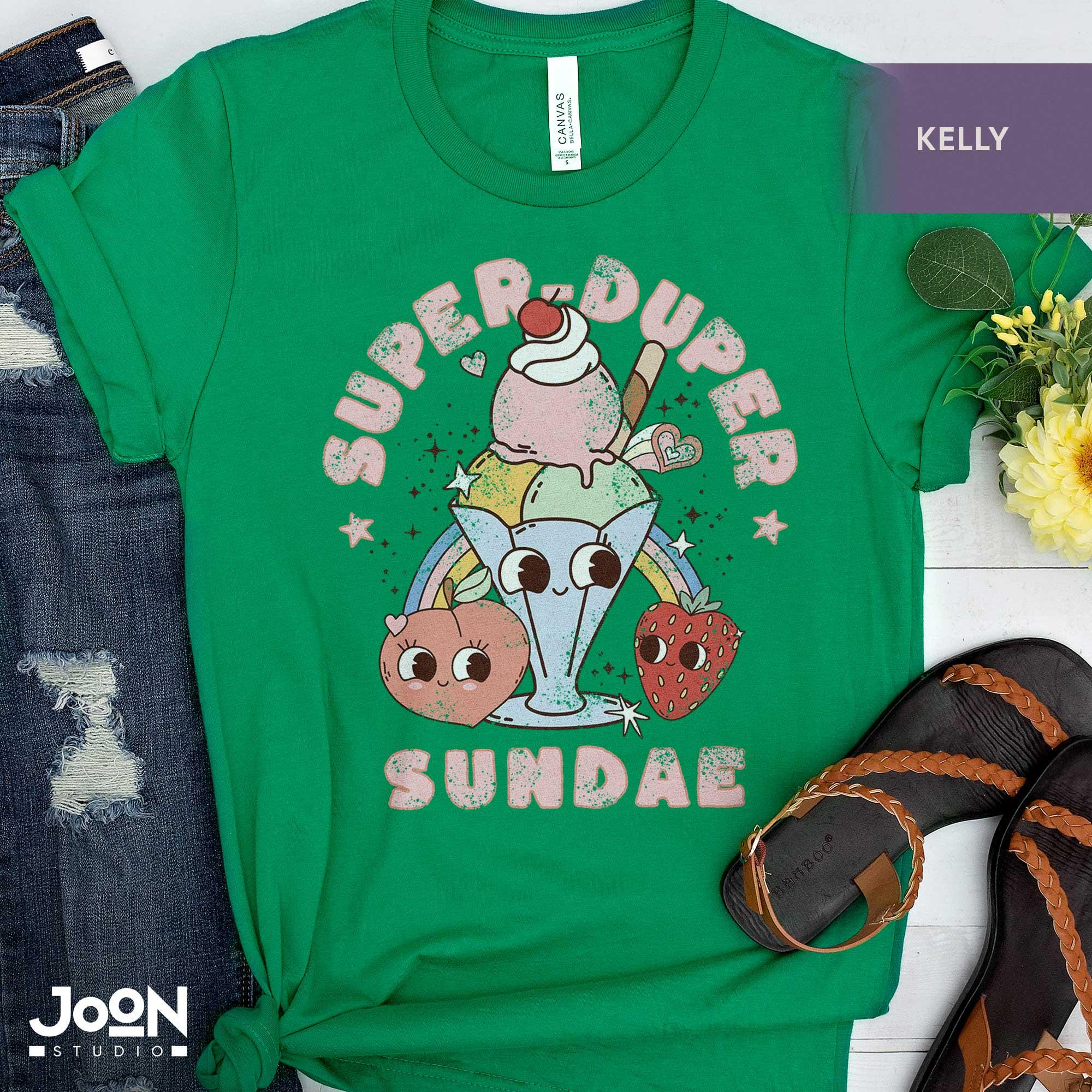 Super Duper Sundae T-shirt: Retro Groovy Mascot Peach Strawberry