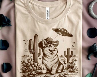 Vintage Corgi UFO T-Shirt: Boho Hippie Western Alien Cowboy Dog Tee (Wild West Shirt)