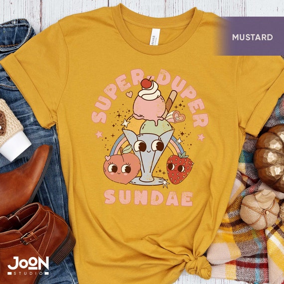 Super Duper Sundae T-shirt: Retro Groovy Mascot Peach Strawberry