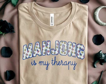 Mahjong Is My Therapy Graphic Tee: Hippie Funny Mahj Game Night Shirt (Mahjongg)