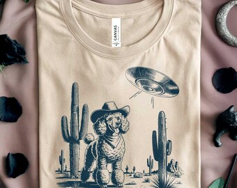 Vintage Poodle UFO T-Shirt: Boho Hippie Western Alien Cowboy Dog Tee (Wild West Shirt)