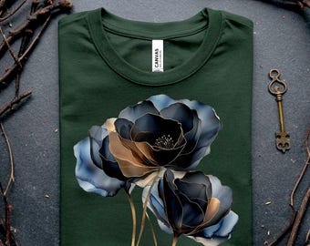 Dark Black Flower T-Shirt: Boho Hippie Gold Glitter Floral Tee (Botanical T Shirt)