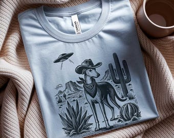 Vintage Greyhound UFO T-Shirt: Boho Hippie Western Alien Cowboy Dog Tee (Wild West Shirt)