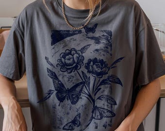 Vintage Linocut Flowers Butterfly Graphic Tee: Retro Botanical Shirt (Woodcut Stamp)