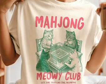 Mahjong Meowy Club Graphic Tee: Hippie Funny Mahj Game Night Shirt (Mahjongg)