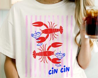 Retro Lobster Martini Graphic Tee: Boho Hippie Cin Cin Cheers Shirt (Summer Holiday)
