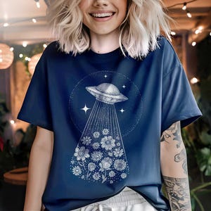 Alien Spaceship Flower Shirt, Hand Drawn Cosmic Galactic Tee, Funny Alien Abduction Top, Boho Hippie Mama Tshirt, Crew Neck Vintage T Shirt
