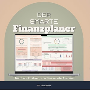 May include: A laptop screen showing financial data and charts, with the words "DER SMARTE Finanzplaner" prominently displayed. The image includes icons for a handbook, Excel, digital download, and easy-to-use features. The text "Nicht nur Grafiken, sondern smarte Analysen" is also visible.