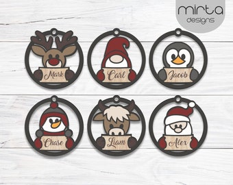cute christmas ornaments bundle svg, laser cut file, personalizable ornament svg, snowman svg, reindeer svg, santa svg, custom kids ornament
