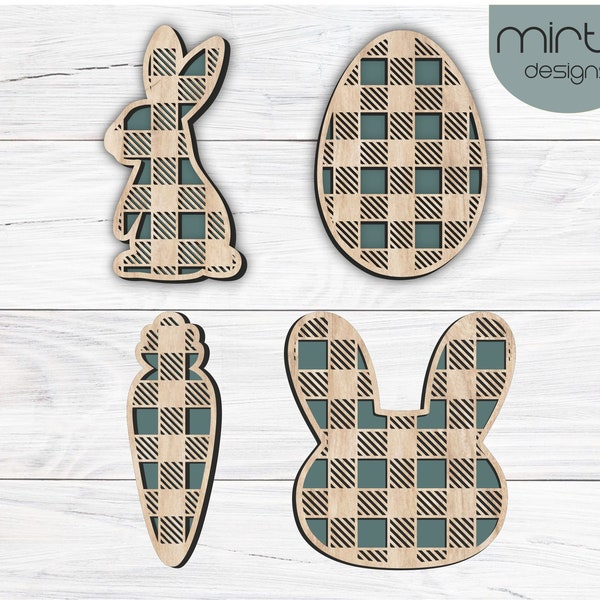 buffalo plaid easter bundle of 4 designs, laser cut file, easter bunny cut file, layered buffalo egg svg, svg file glowforge, easter laser