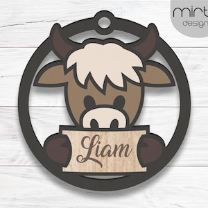 highland cow christmas ornament svg, laser cut file, gift tags svg, highland cow christmas, layered ornament svg