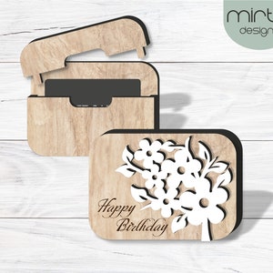 Happy Birthday Gift Card houder SVG, laser gesneden bestand, Floral Gift Card vak SVG, gepersonaliseerde Gift Card houder SVG, gelukkige verjaardag SVG