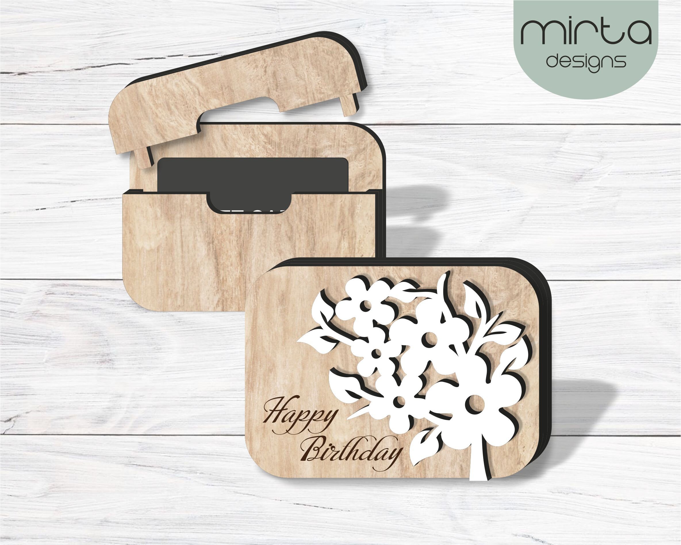 happy birthday gift card holder svg, laser cut file, floral gift card box svg, personalized gift card holder svg, happy birthday svg